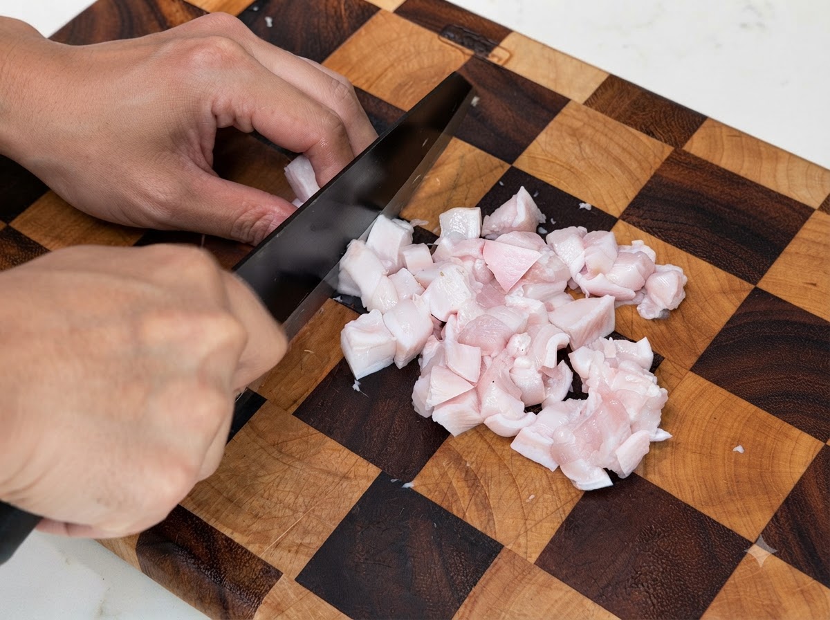 Trozos de panceta de cerdo grasa siendo cortados en pequeños cubos con un cuchillo negro sobre una tabla de cortar de madera.