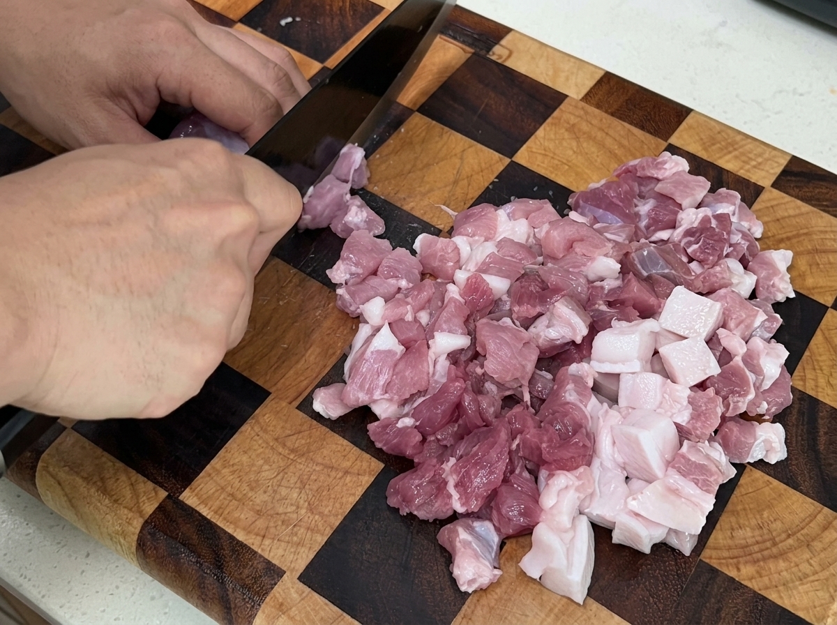 Carne de panceta de cerdo magra siendo picada en pequeños cubos sobre una tabla de cortar de madera.