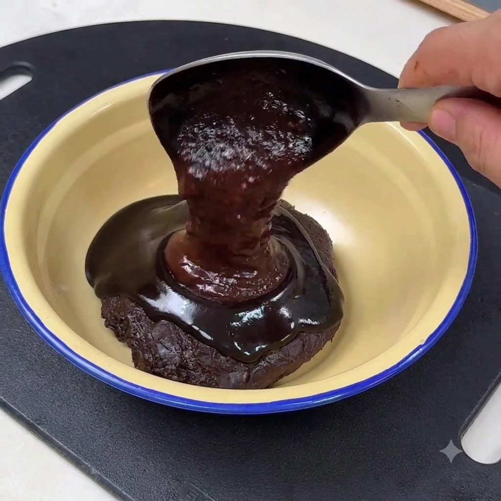 Pasta de frijol dulce oscuro siendo vertida desde una cuchara en un tazón con pasta de soja amarilla.