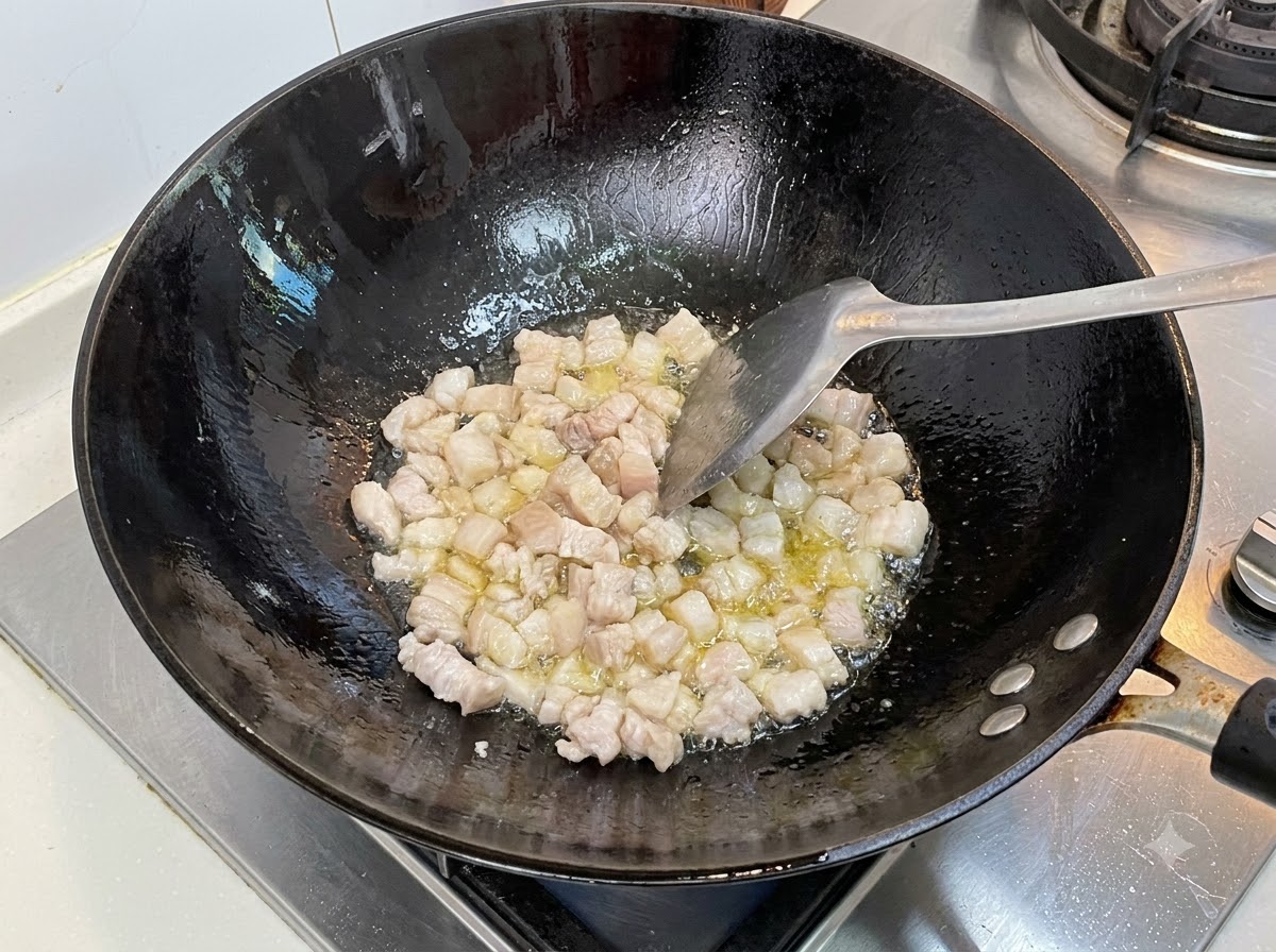 Cubos de cerdo graso friéndose en un wok negro caliente con aceite de cocina siendo revueltos con una espátula.
