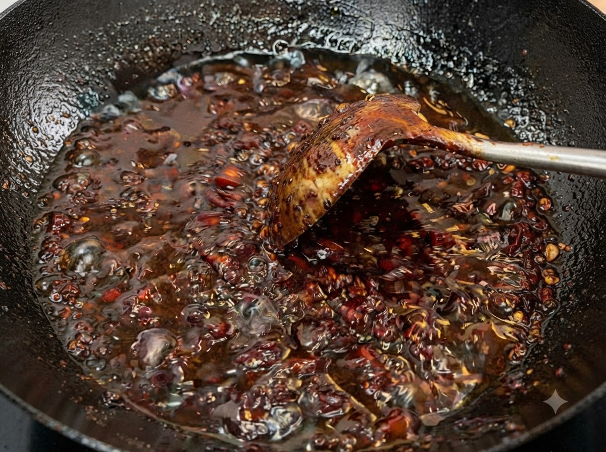 Salsa de carne oscura y burbujeante siendo revuelta con un cucharón en un wok hasta que esté brillante y reducida.