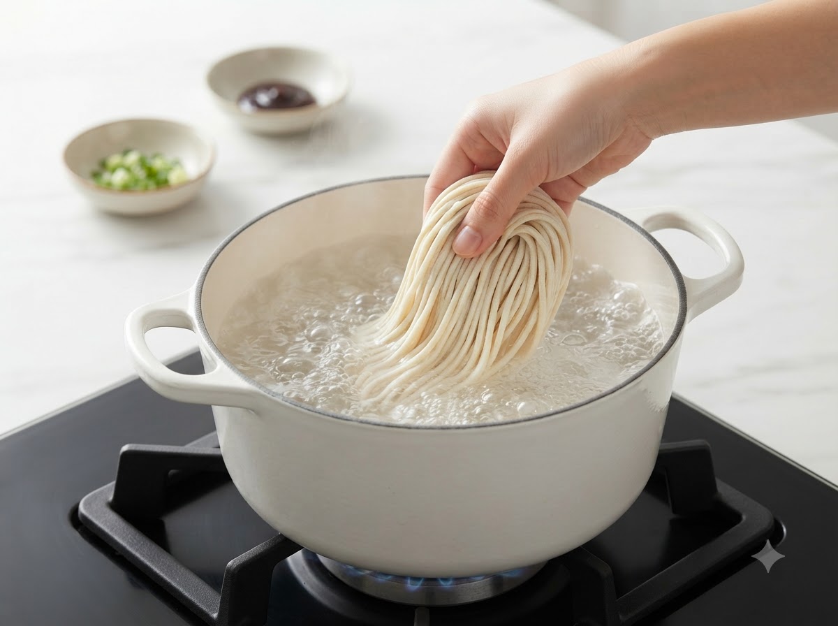 Una mano bajando fideos frescos y gruesos hechos a mano a una olla con agua hirviendo en una estufa.