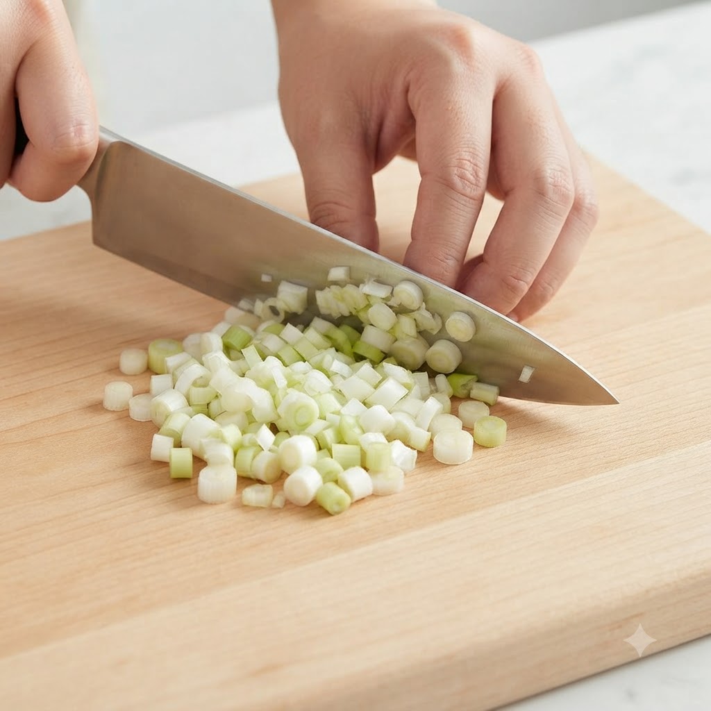 Cebollinos, ajo y jengibre siendo cortados y picados en una tabla de cortar de madera con un cuchillo.