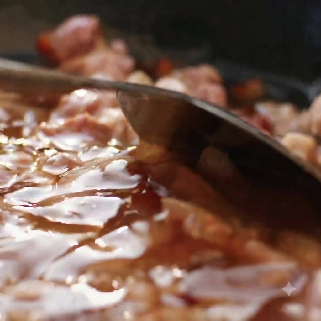 Pequeños cubos de panceta de cerdo chisporroteando en una sartén con aceite y anís estrellado entero.