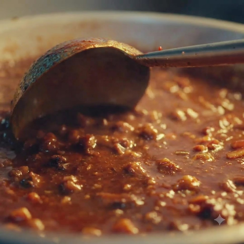 Salsa marrón oscura espesa cociendo a fuego lento en una sartén siendo revuelta con un cucharón de metal.