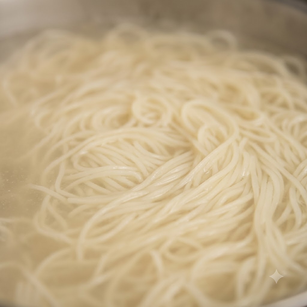 Fideos frescos cociendo en una olla grande con agua caliente burbujeante.