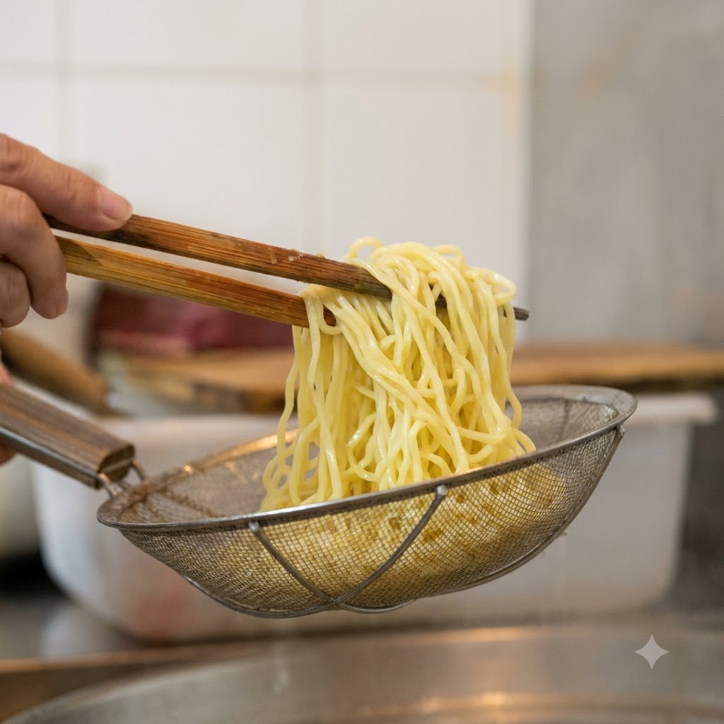 Fideos cocidos sostenidos sobre un colador de metal y enjuagados con agua fría usando palillos de madera.