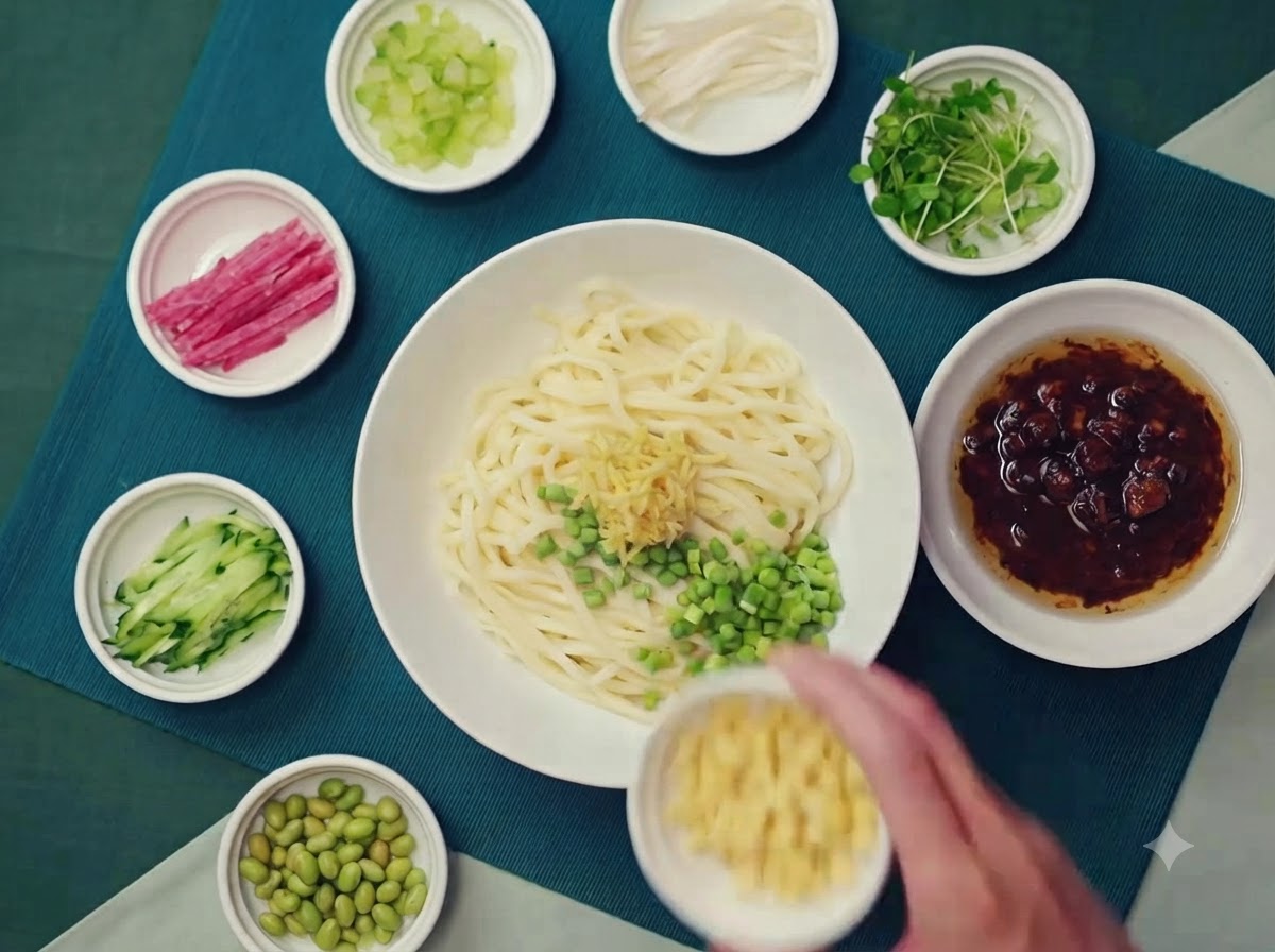 Variedad de aderezos de verduras frescas colocados ordenadamente en pequeños boles alrededor de un bol grande de fideos blancos.