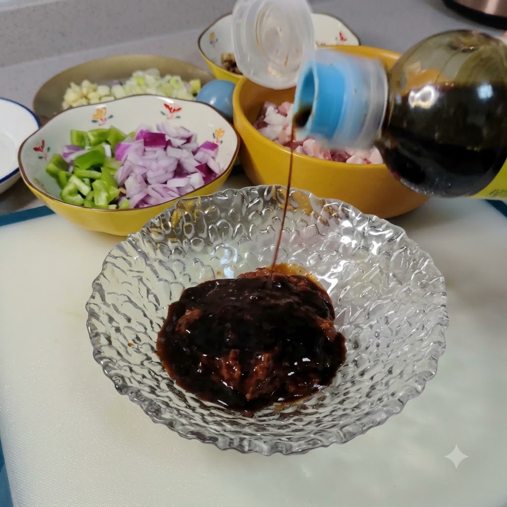 Salsa liquida oscura siendo vertida desde una botella de plastico en un recipiente de vidrio con pasta de soja.