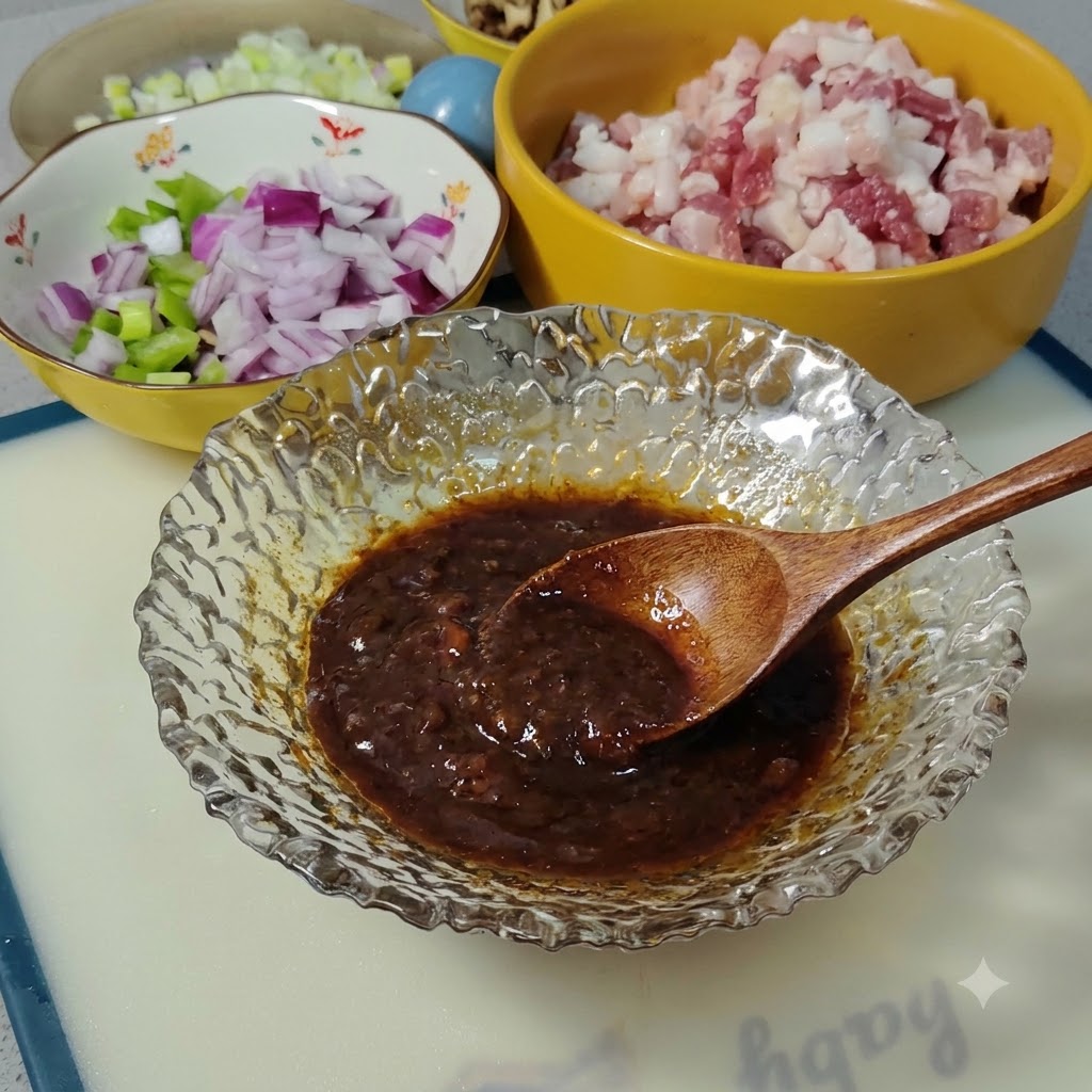 Una cuchara de madera mezclando una mezcla de salsa espesa y de color marron oscuro dentro de un tazon de vidrio texturizado.