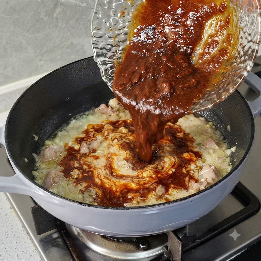Un tazon de vidrio vertiendo salsa marron oscura y rica en un sarten que contiene cerdo cocido y aromaticos.