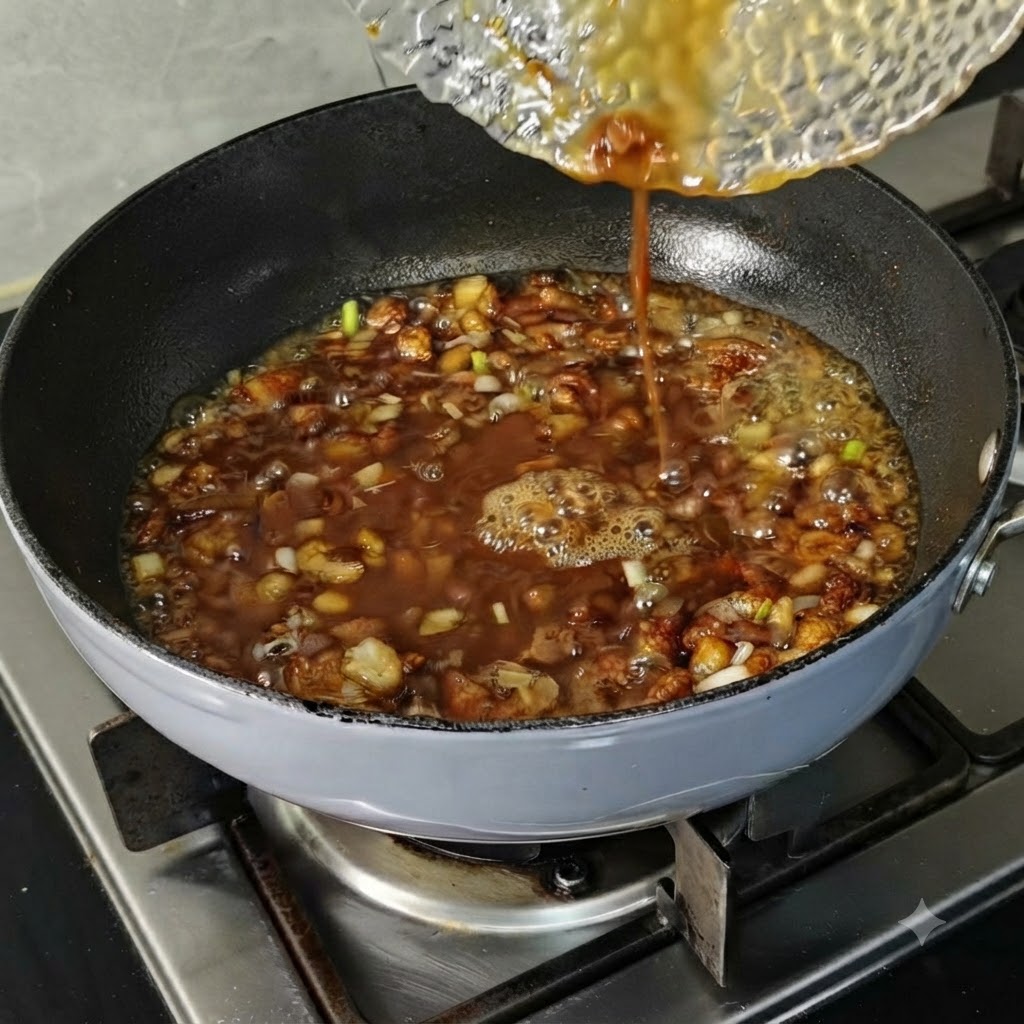 Agua siendo vertida desde un pequeno tazon transparente en una salsa de carne burbujeante en un sarten.
