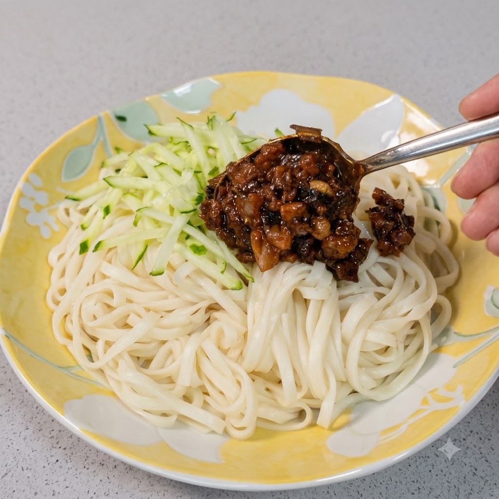 Una cuchara de metal sirviendo salsa de carne frita oscura y sabrosa sobre un plato de fideos y pepino rallado.