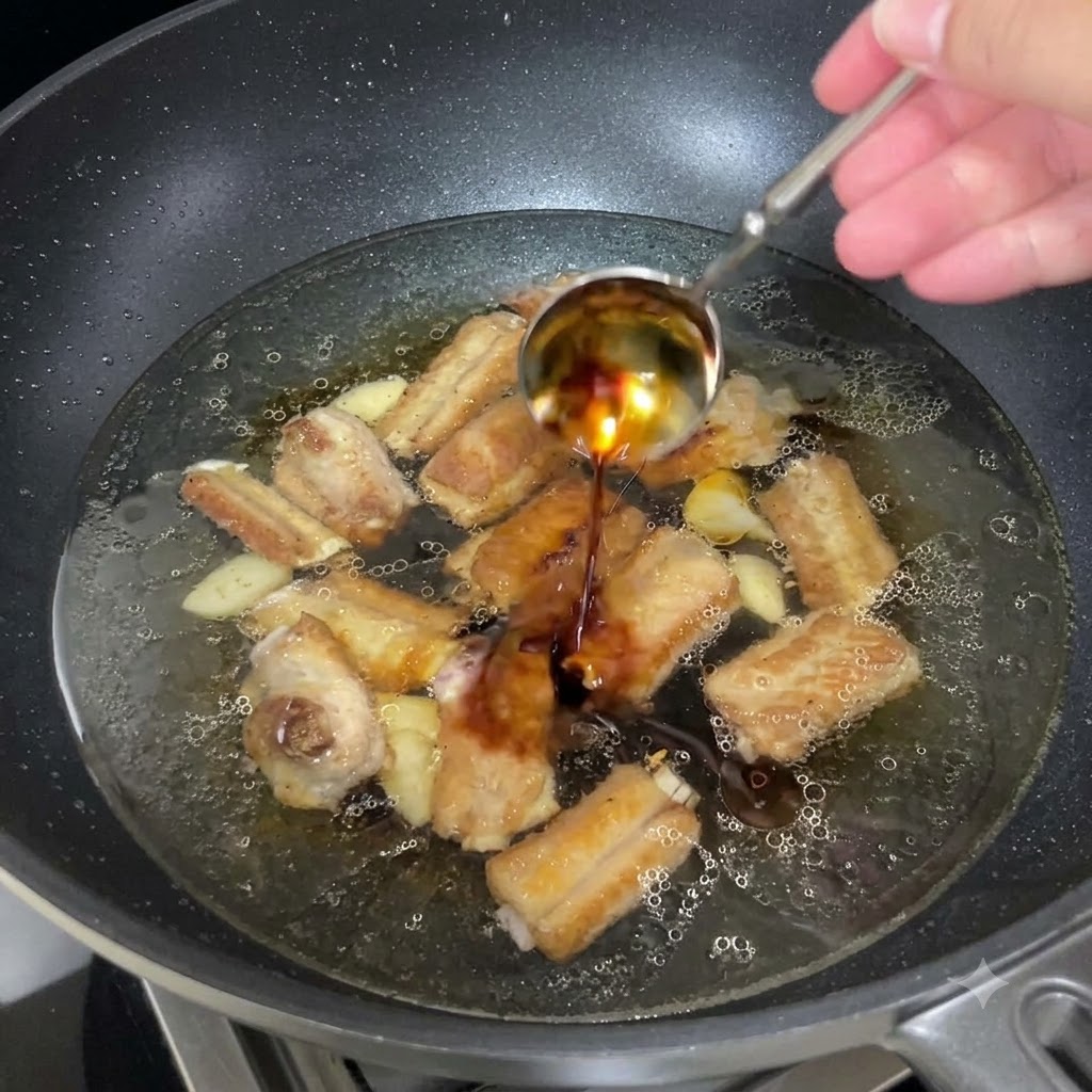Una cucharada de vinagre añejo oscuro siendo vertida en la sartén a fuego lento.