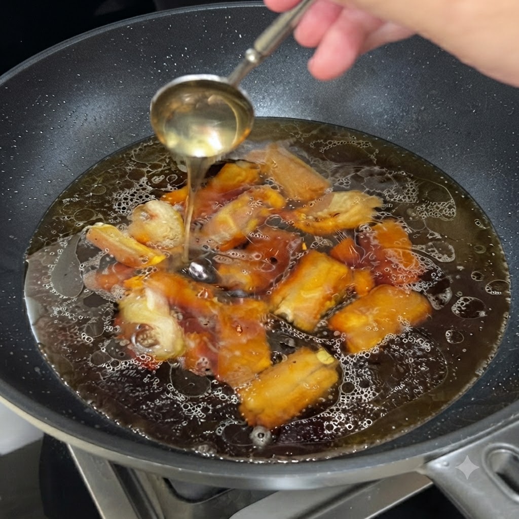 Una cuchara vertiendo miel en un wok lleno de costillas de cerdo cociéndose a fuego lento en un líquido de braseado oscuro.