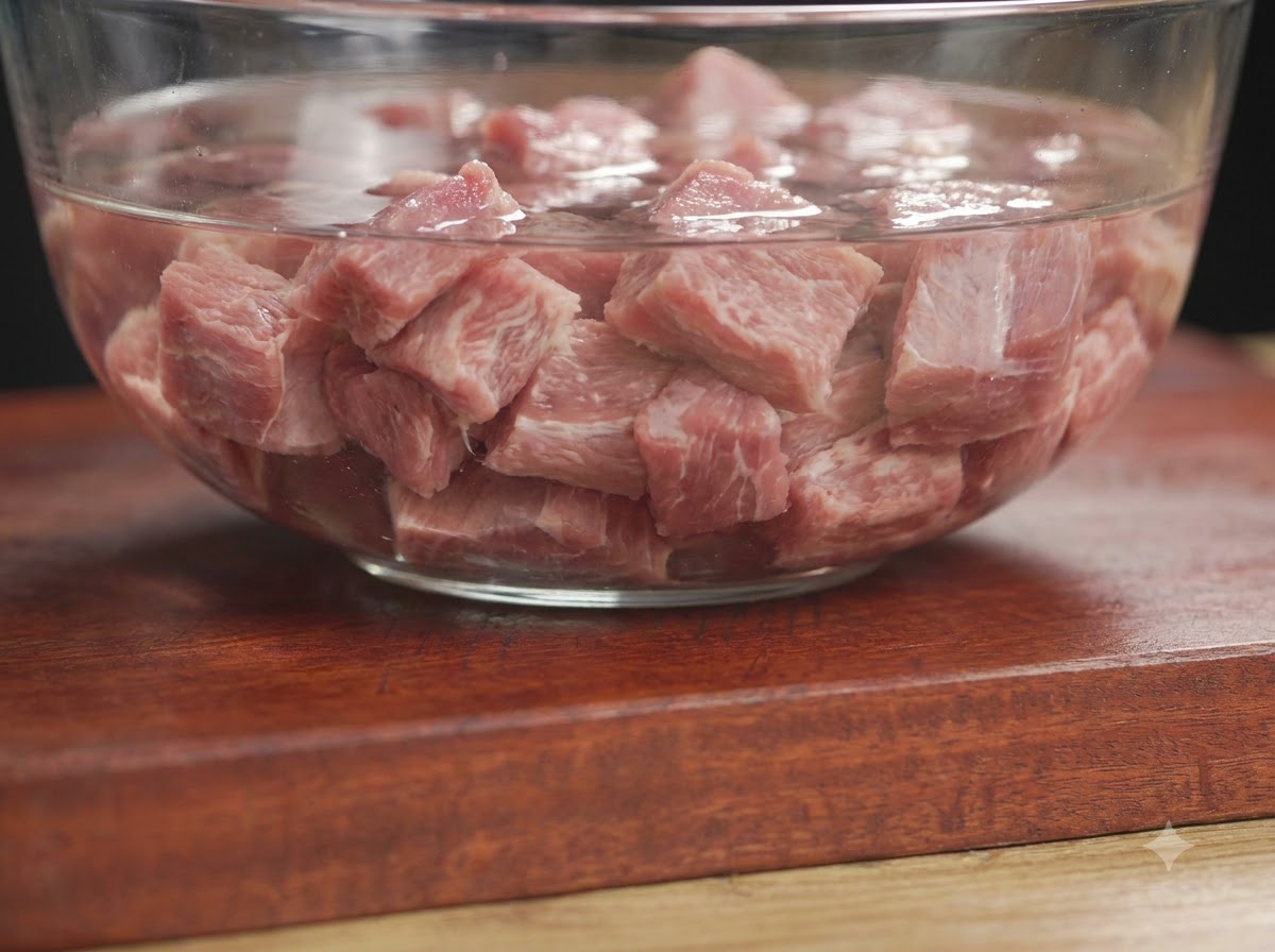 Costillas de cerdo frescas sumergidas en un bol de cristal transparente con agua limpia sobre una tabla de madera.