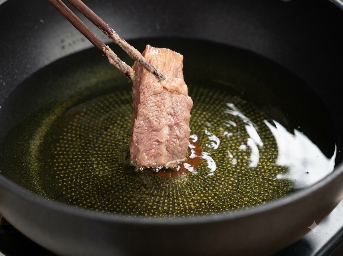 Un trozo de costilla de cerdo rebozada siendo bajado al aceite caliente con palillos.