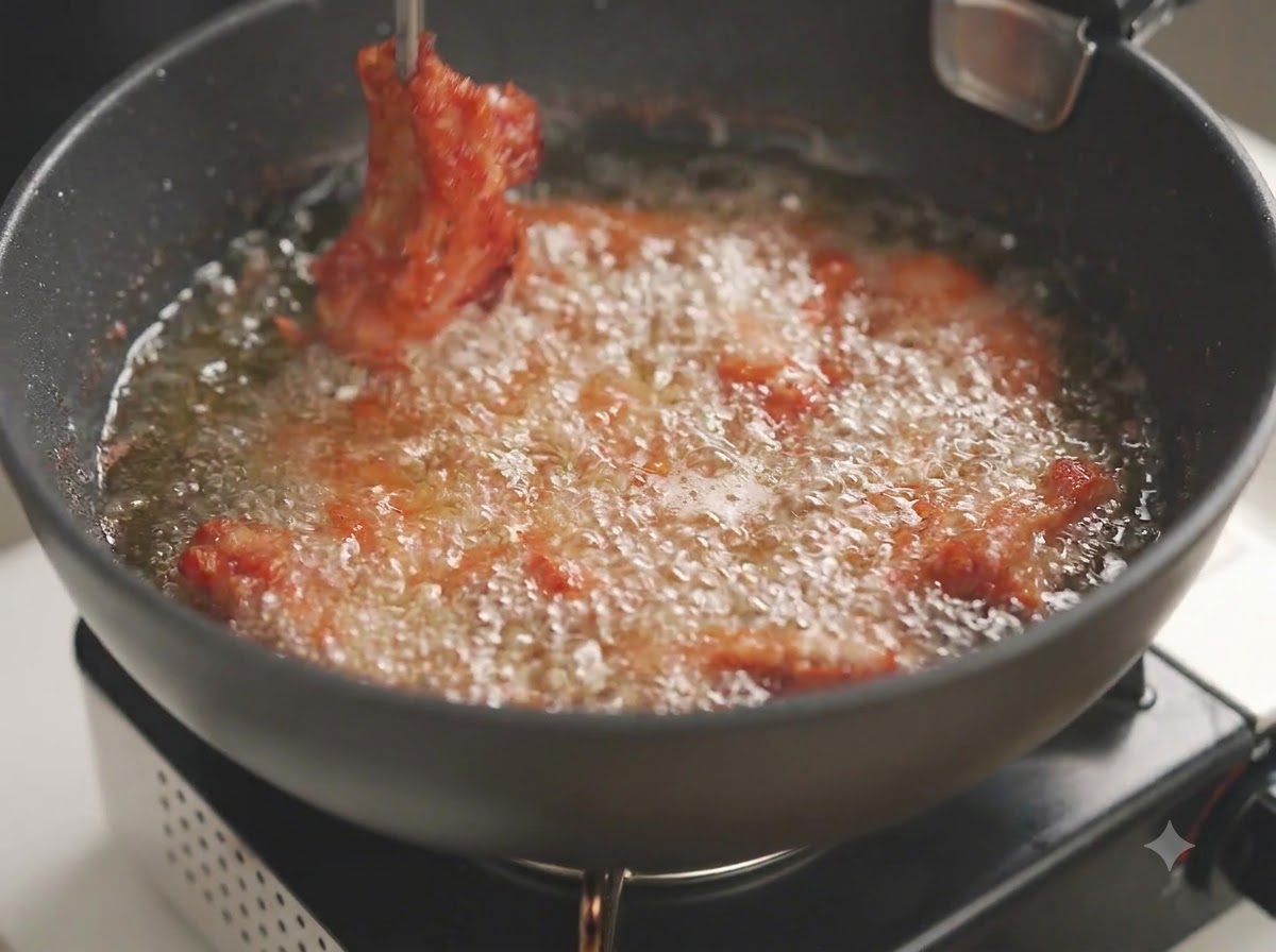 Costillas de cerdo friéndose y burbujeando en aceite caliente en una sartén negra.