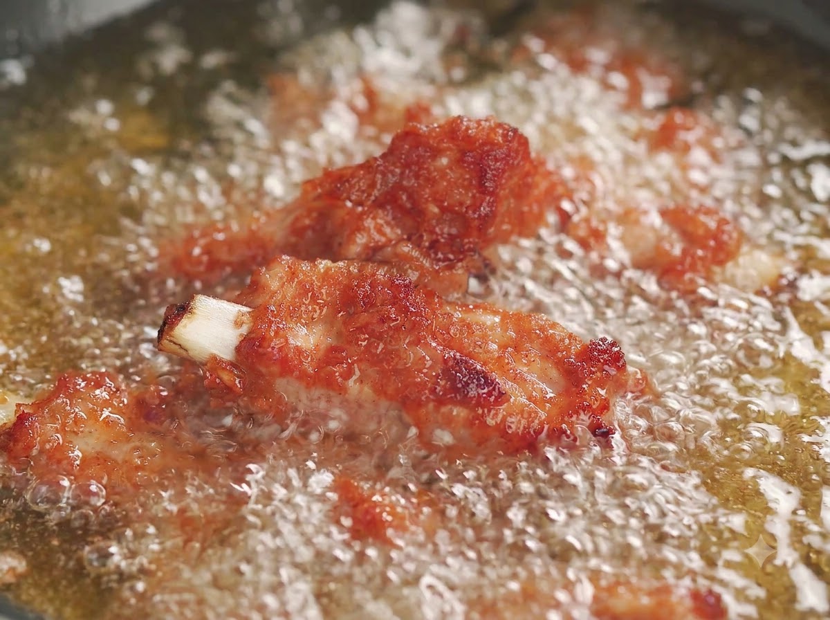 Costillas de cerdo fritas y crujientes siendo sacadas del aceite caliente en una sartén.