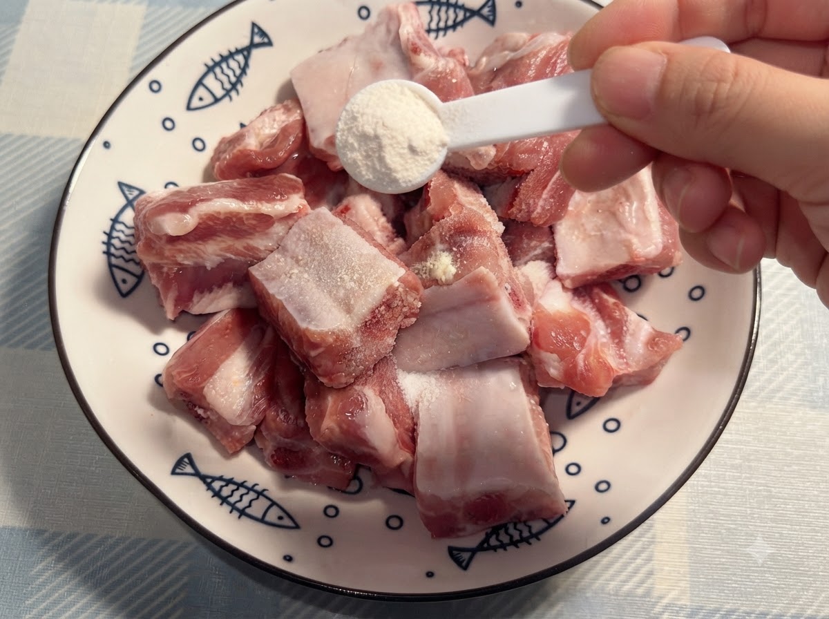 Pimienta molida siendo espolvoreada de manera uniforme sobre las costillas de cerdo con una pequeña cuchara blanca sostenida por una mano.