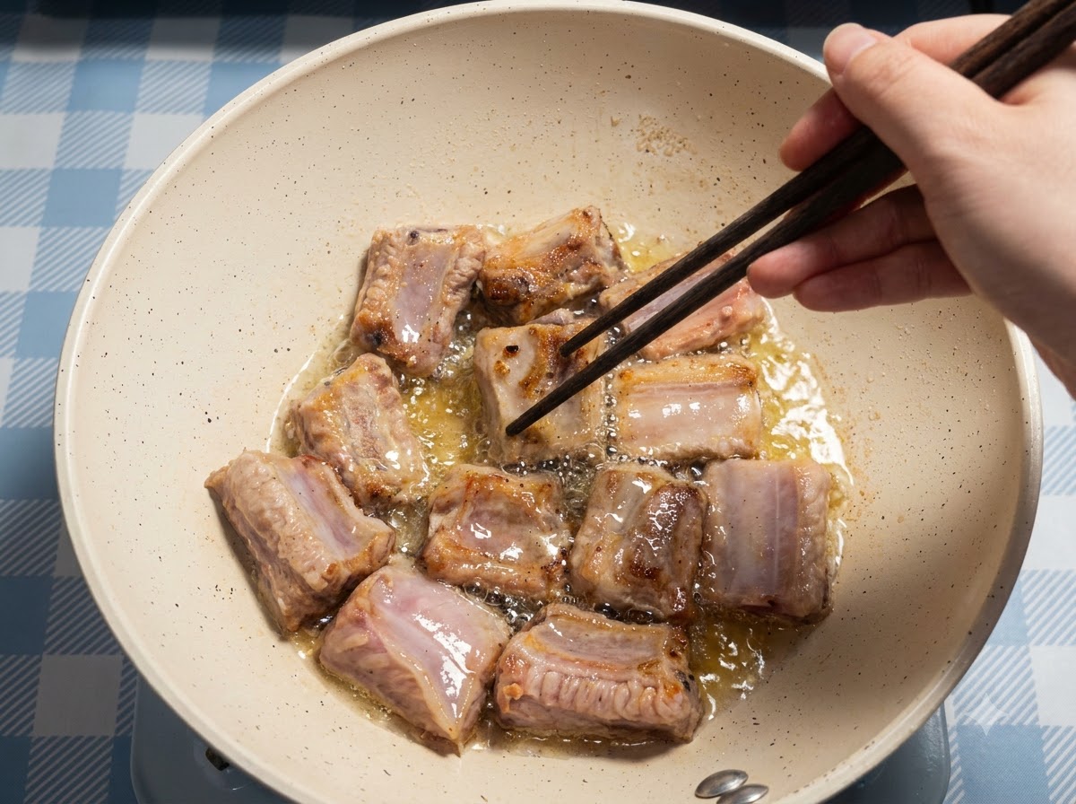 Múltiples trozos de costilla de cerdo friéndose en aceite dentro de una sartén, con una mano usando palillos para ajustarlos.