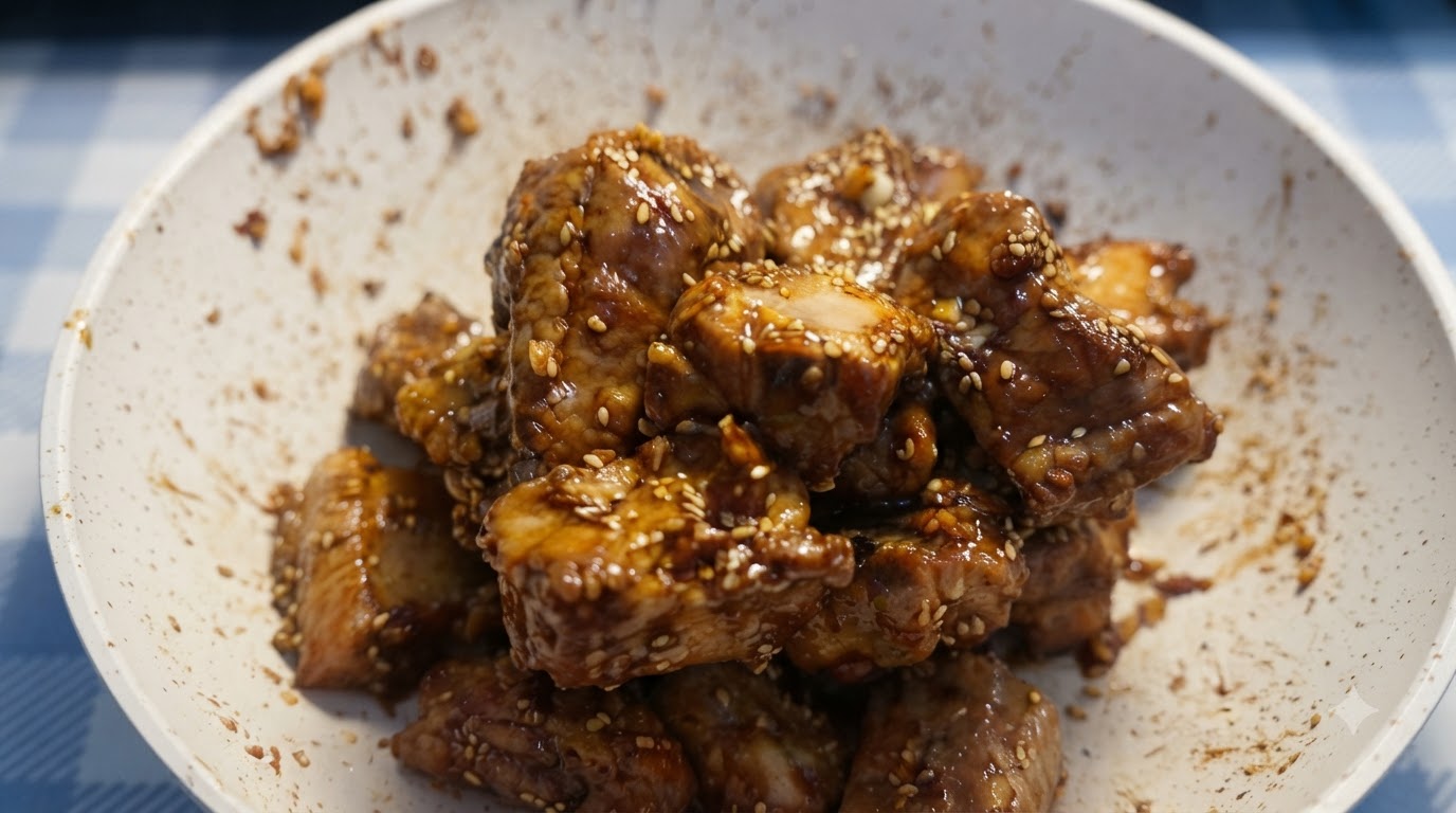 Una sartén blanca llena de costillas de cerdo glaseadas con mantequilla de ajo adornadas con semillas de sésamo blanco tostado