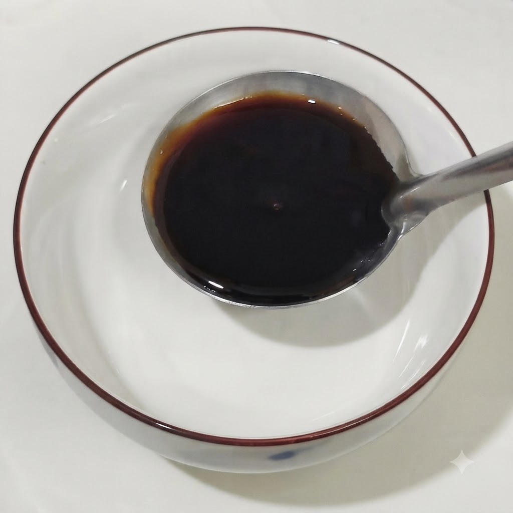 Un bol con salsas mezclándose con salsa de soja clara, salsa de ostras, miel, vino de cocina, salsa de soja oscura y kétchup usando una cuchara.
