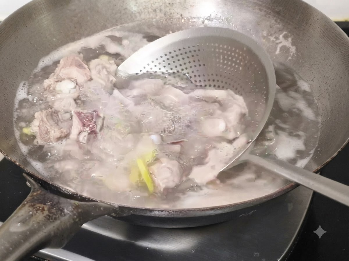 Costillas de cerdo blanqueadas retiradas del agua hirviendo con un colador y enjuagadas.
