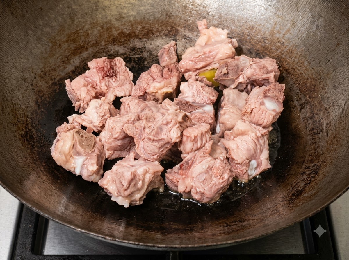Costillas de cerdo friéndose en aceite caliente dentro de un wok hasta que sus superficies se vuelven de color marrón dorado.