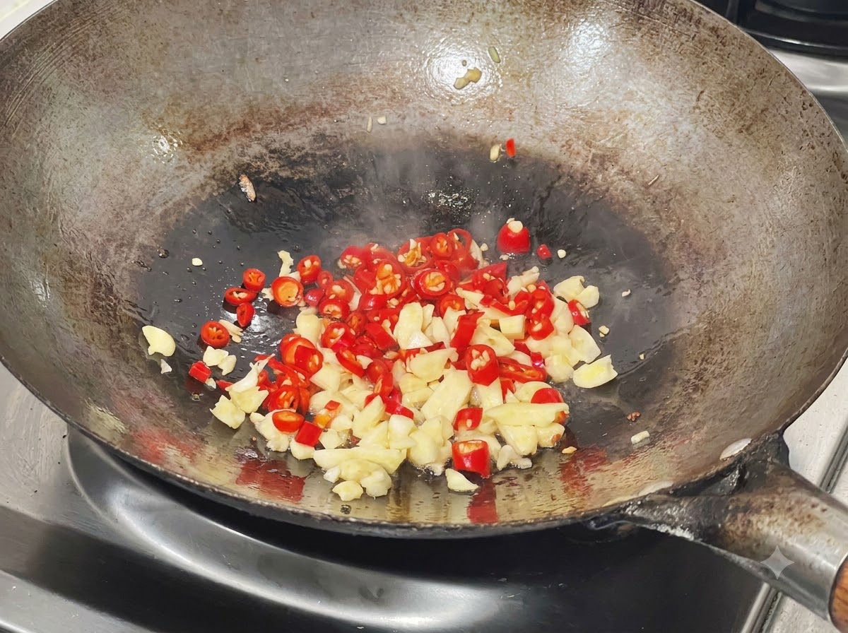 Chiles picados y ajo salteándose en el wok en el aceite base residual.