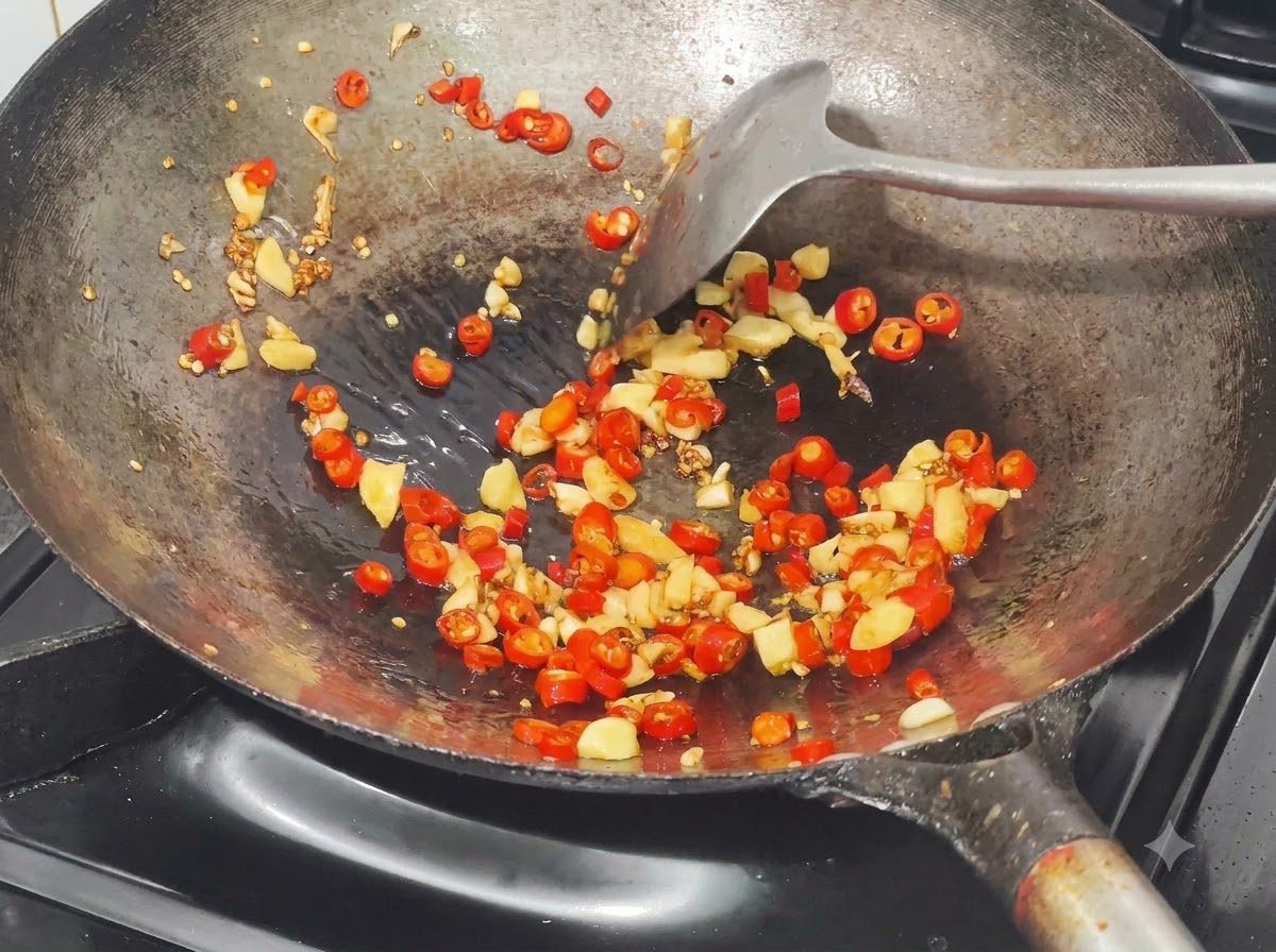 Mezcla de salsa preparada vertiéndose en el wok con el chile frito y el ajo.