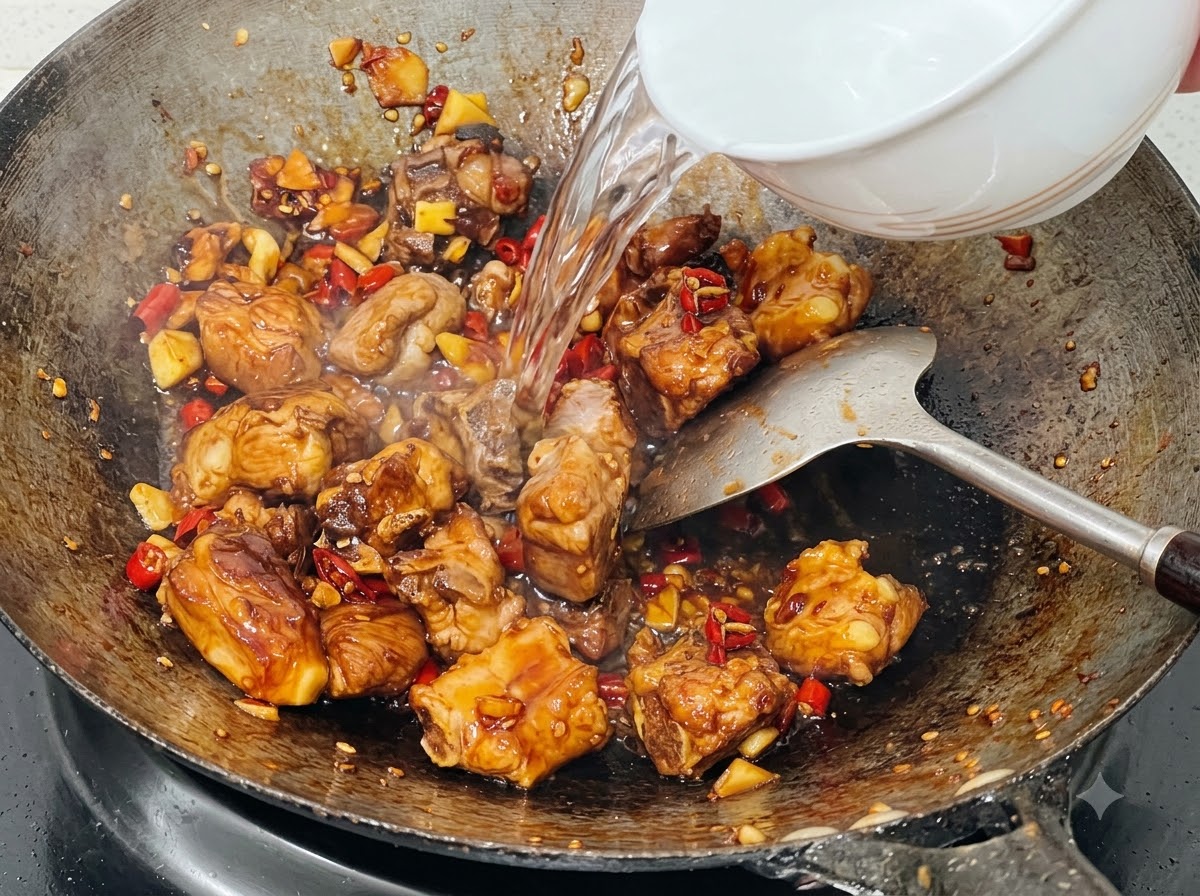 Agua limpia vertida desde un bol blanco en un wok lleno de costillas de cerdo, salsa y chiles.