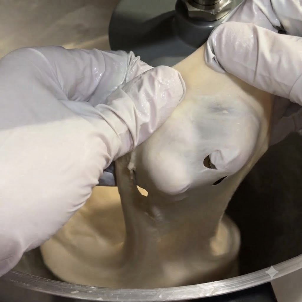 Manos con guantes blancos estirando un trozo de masa suave para demostrar la elasticidad del gluten.