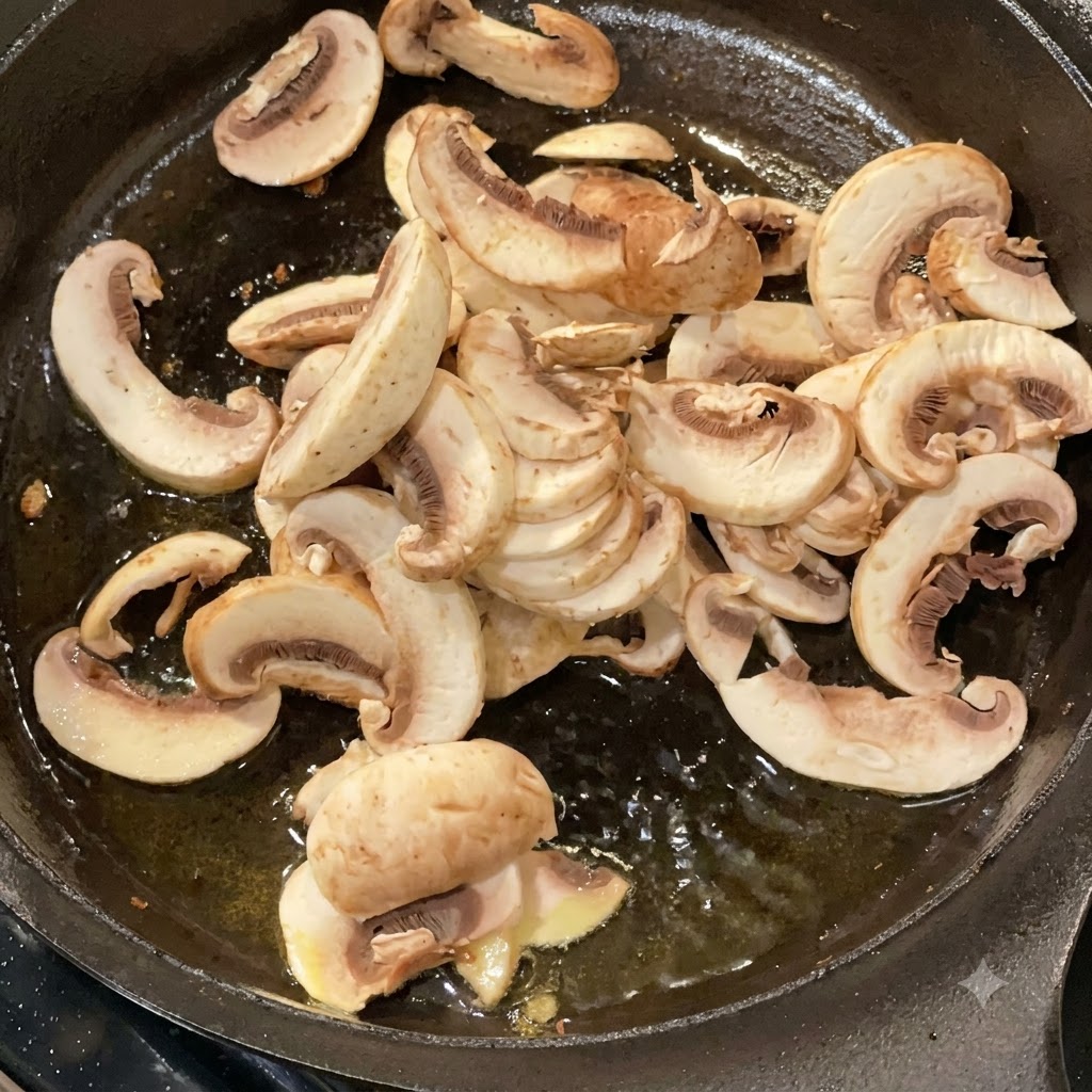 Rodajas de champiñones blancos frescos chisporroteando y cocinándose en una sartén oscura de hierro fundido con aceite.