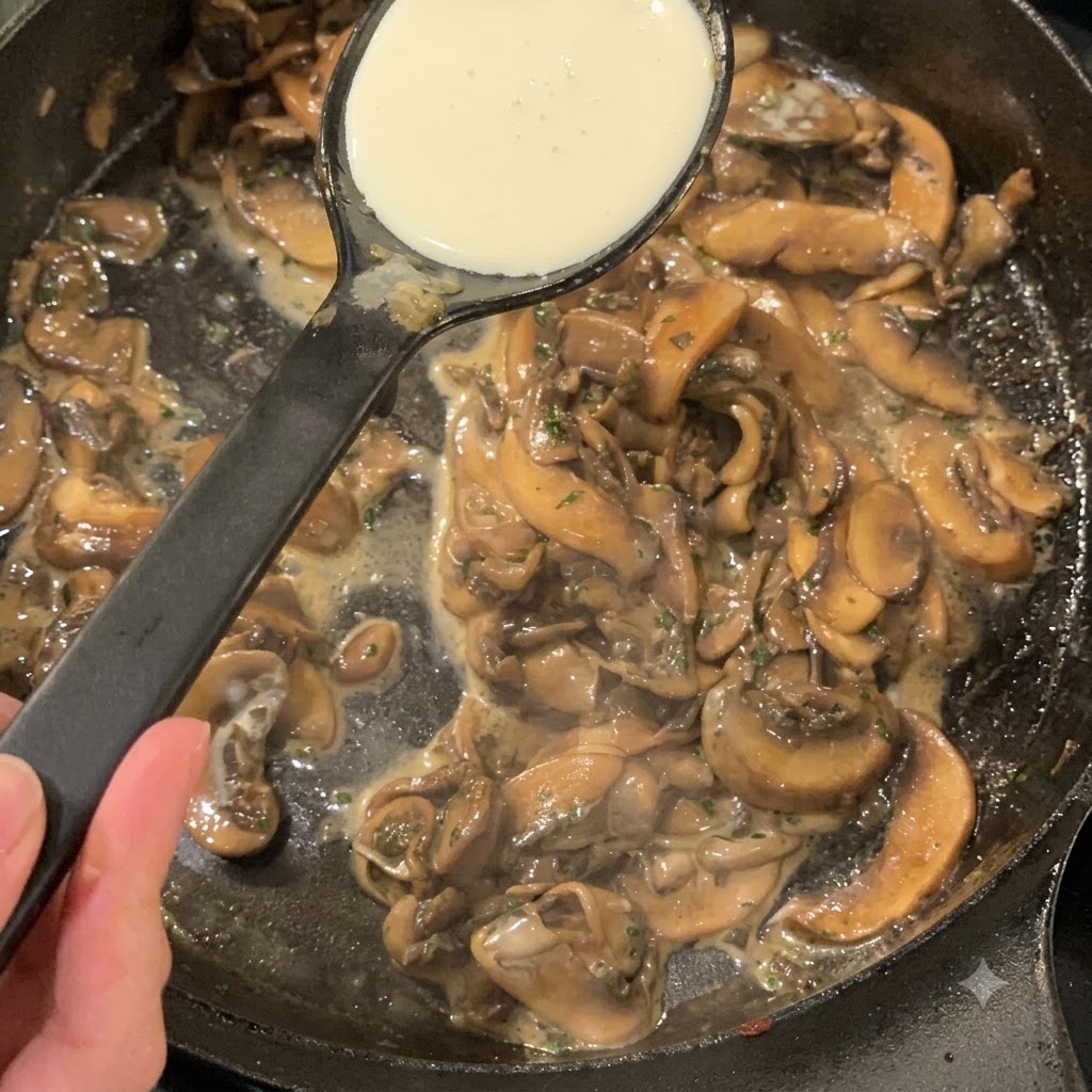 Cucharón vertiendo nata para montar en una sartén con champiñones salteados y condimentos.