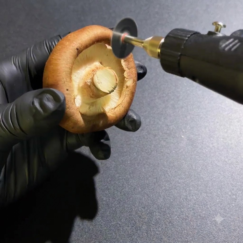 Manos con guantes usando una herramienta rotativa para recortar el tallo inferior de un champiñón fresco.