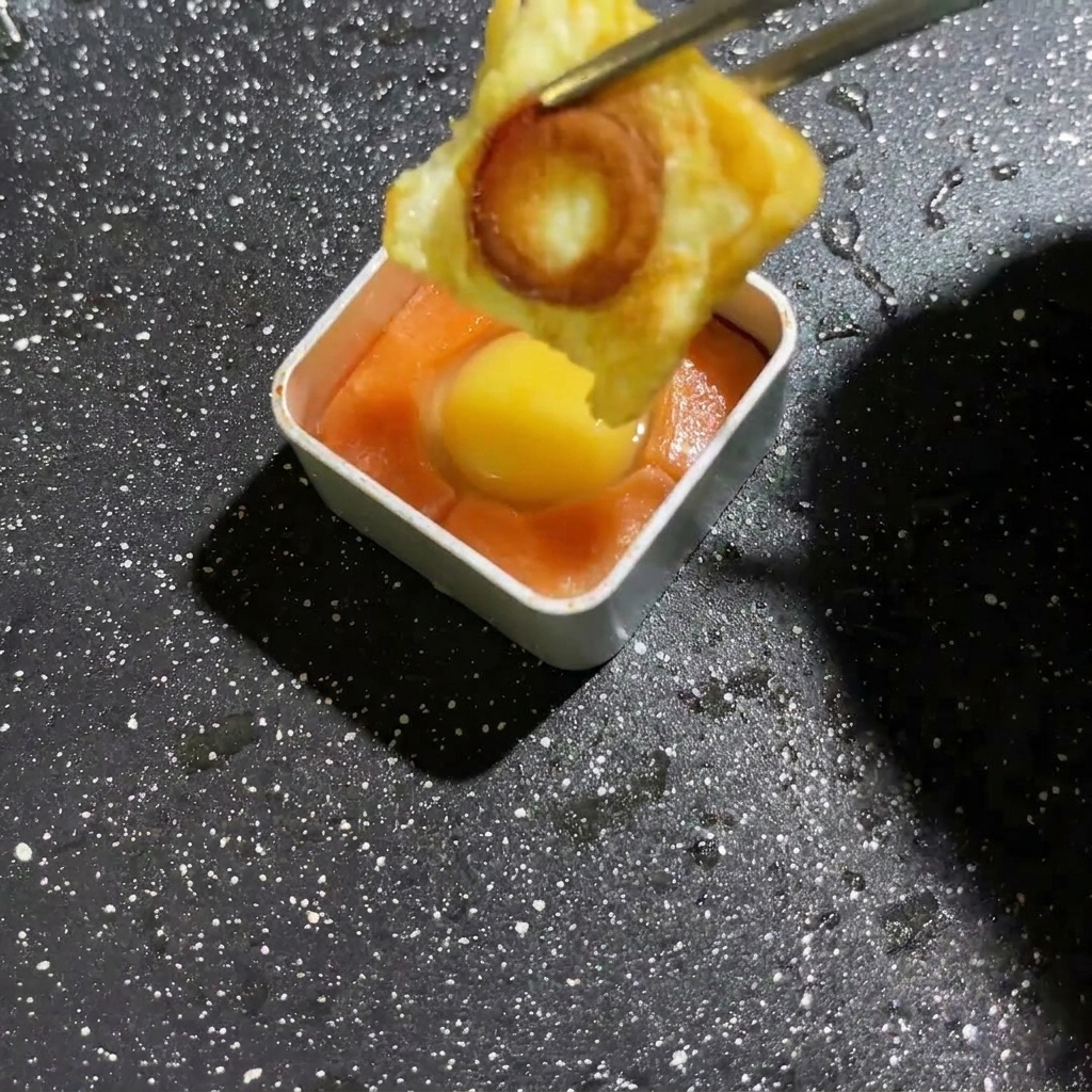Líquido de huevo siendo exprimido en un molde que contiene una pieza de champiñón cocinado.