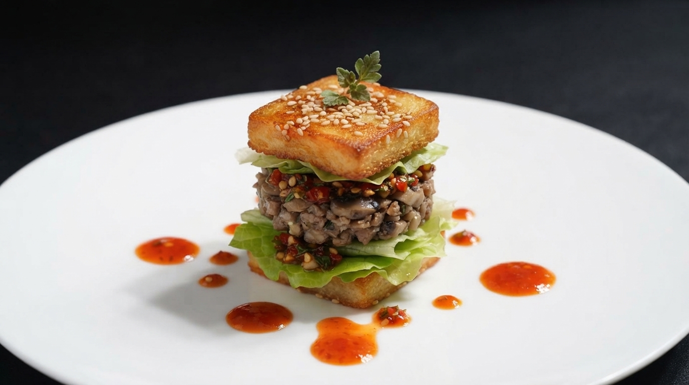 Una minihamburguesa de huevo con un panecillo dorado de sésamo, lechuga fresca y capas sabrosas en un plato blanco impecable.