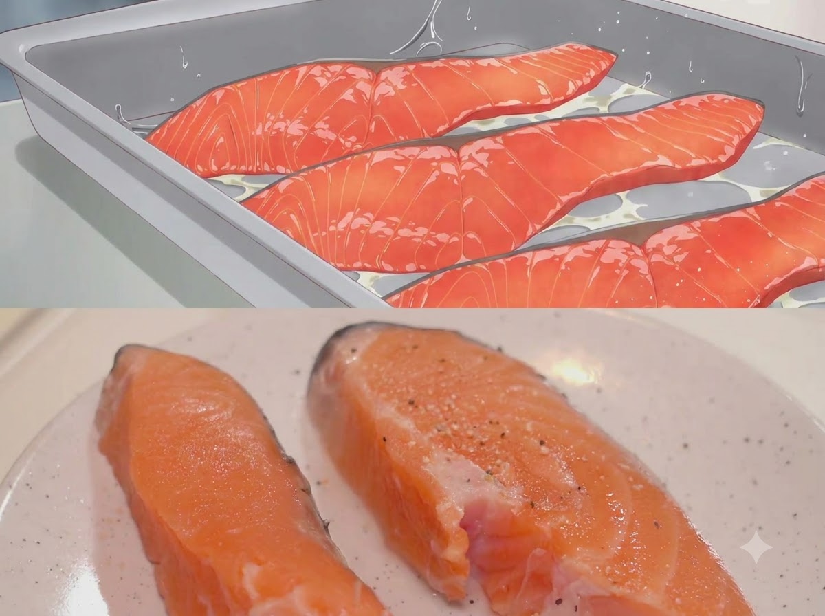Primer plano de filetes de salmón sazonados con una pizca de sal y pimienta negra.