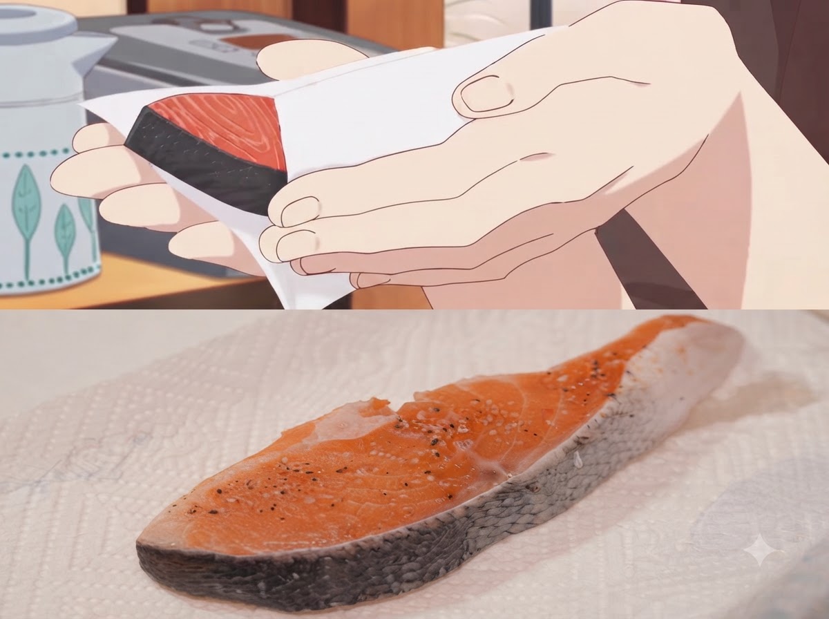 Un trozo de salmón sazonado siendo limpiado con una toalla de papel.