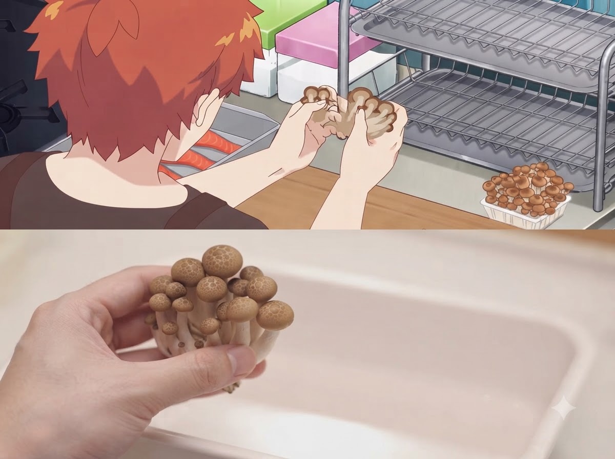 Manos separando un racimo de setas shimeji en porciones más pequeñas.