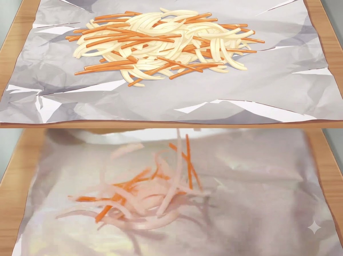 Una pila de cebollas blancas en rodajas finas y zanahorias naranjas esparcidas sobre una brillante hoja de papel aluminio.