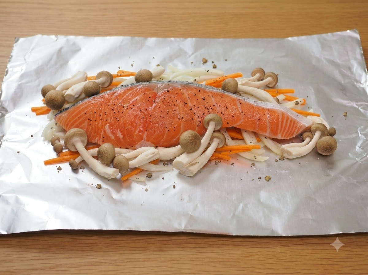 Filete de salmón fresco colocado en el centro sobre una capa de verduras rodeado de setas shimeji marrones en papel aluminio.