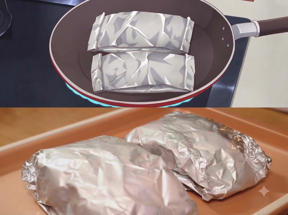 Paquetes de papel aluminio sellados sentados dentro de una sartén oscura y en una bandeja para hornear.