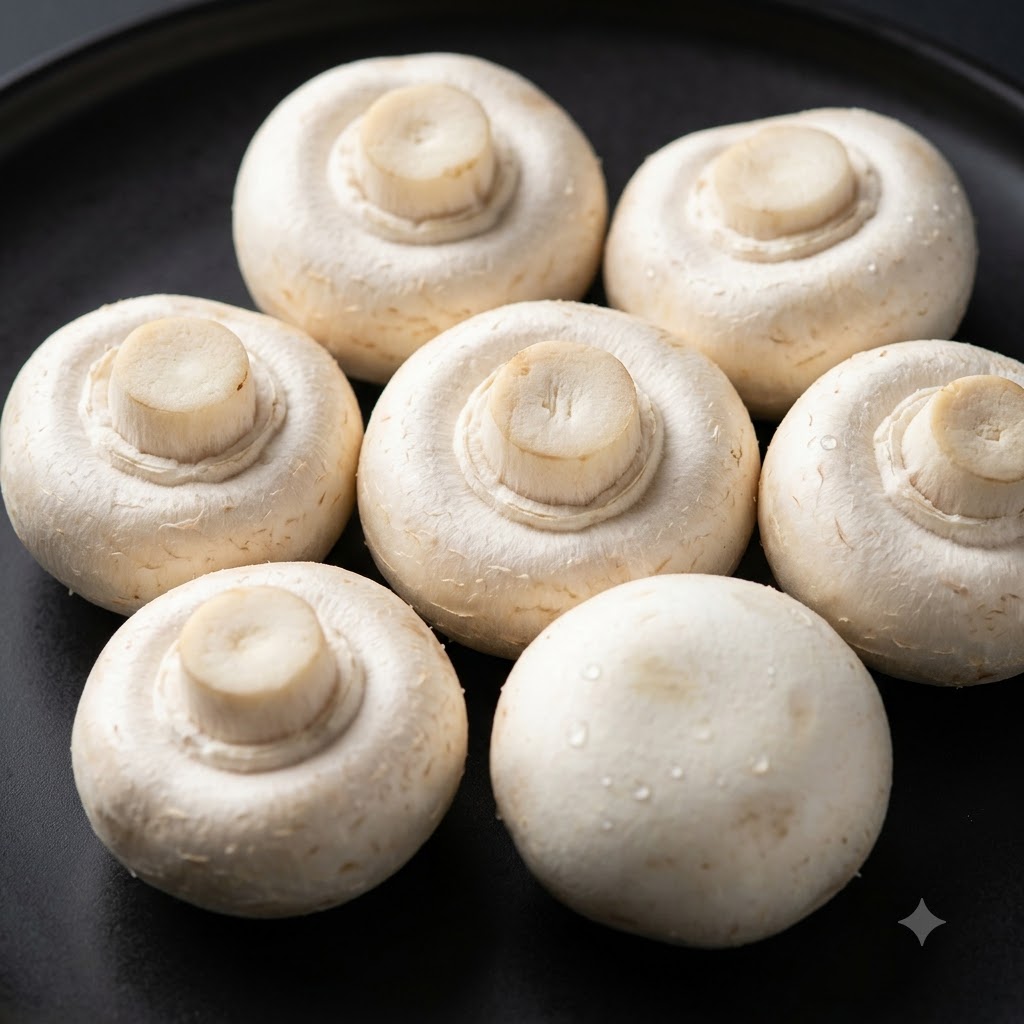 Champiñones blancos enteros y frescos dispuestos sobre un plato oscuro.