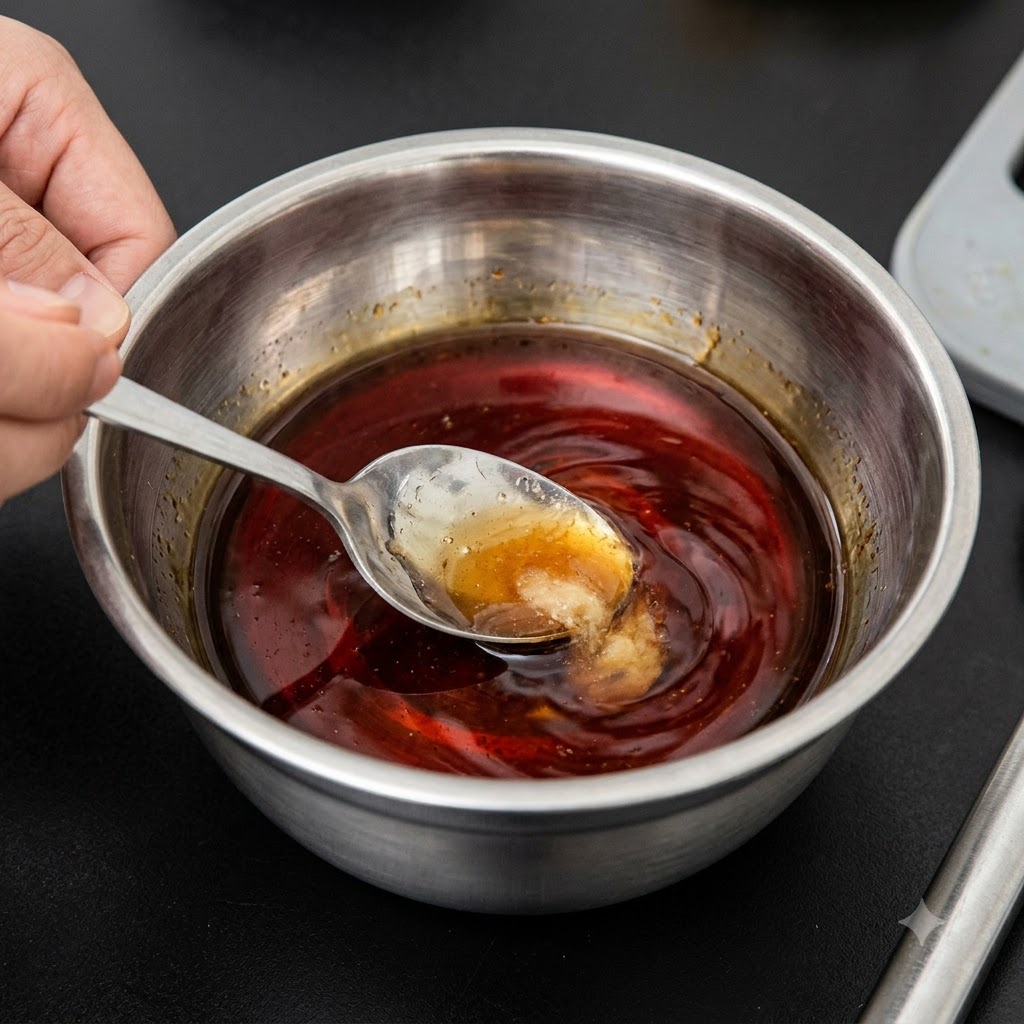 Salsa de soja y miel mezclándose en un bol de acero inoxidable con una cuchara.