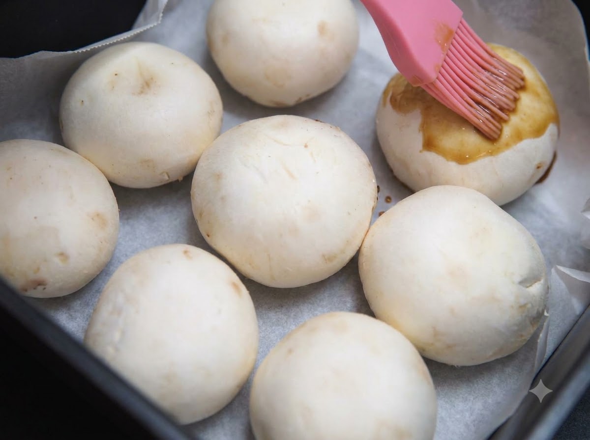 Una brocha de silicona rosa aplicando salsa oscura de miel y soja sobre sombreros de champiñón blanco colocados en papel de horno dentro de una cesta de freidora de aire.