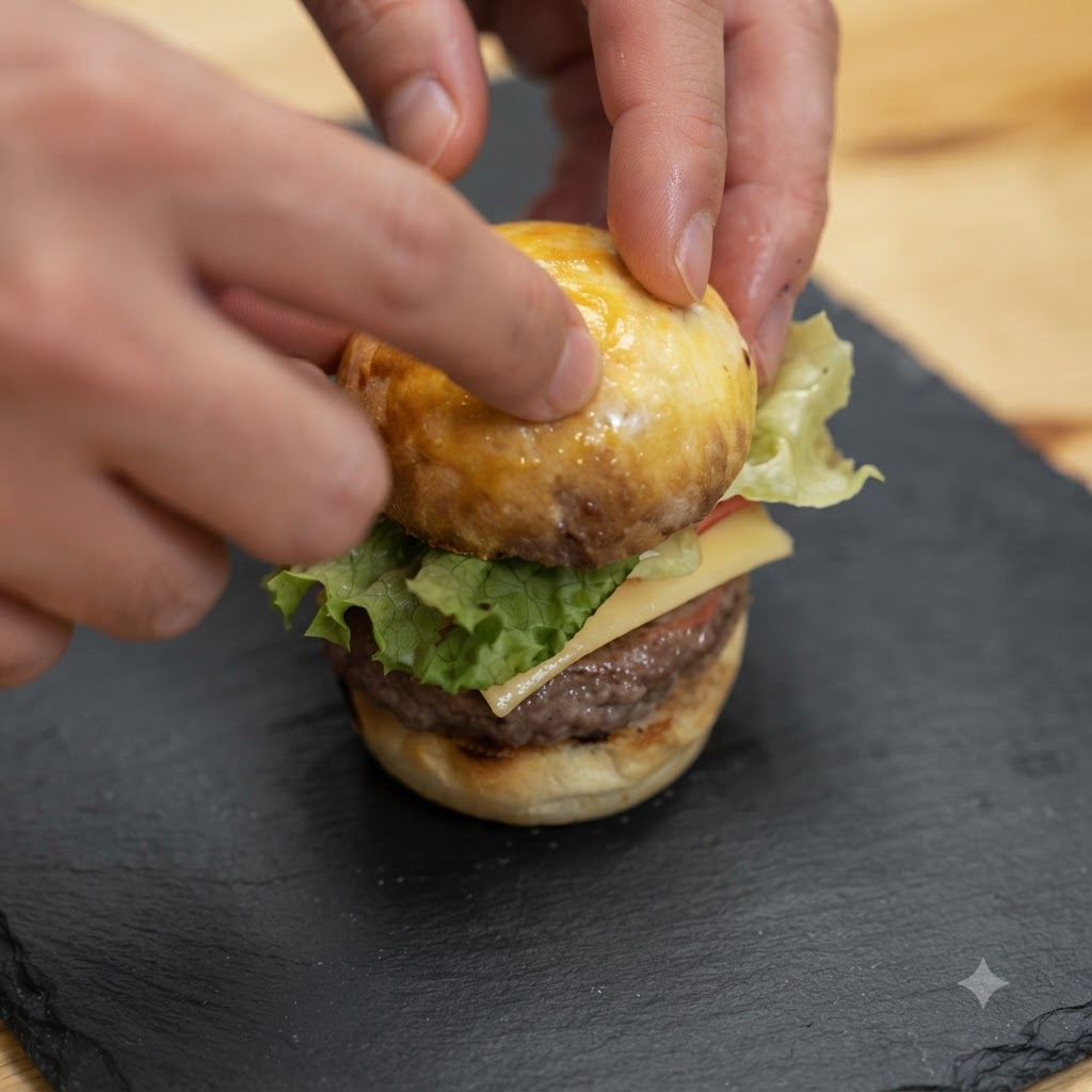Dos manos sosteniendo y fijando una mini hamburguesa de champiñones montada con un palillo sobre una tabla de pizarra oscura.
