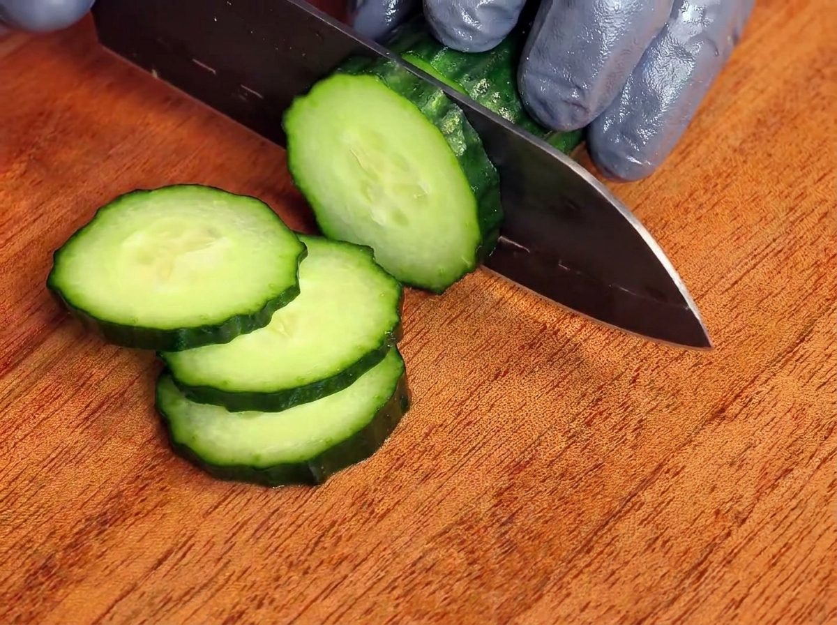 Un pepino cortándose en rodajas circulares sobre una tabla de madera.