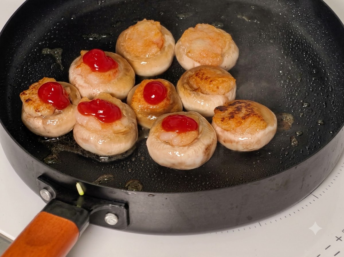Rodajas de pepino, lechuga y tomates colocadas sobre las tapas de champiñones con kétchup en una sartén.